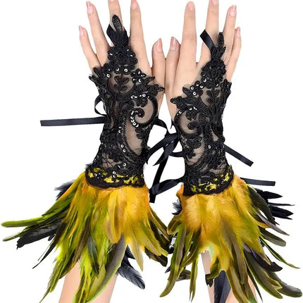 Fancydresswale Women's Gothic Feather Lace Fingerless Gloves – Elegant Costume Arm Warmers for Halloween, Dance & Cosplay fancydresswale.com