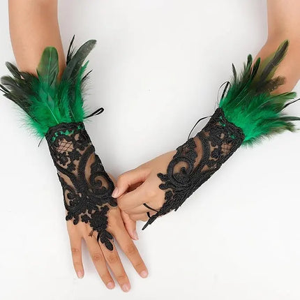 Fancydresswale Women's Gothic Feather Lace Fingerless Gloves – Elegant Costume Arm Warmers for Halloween, Dance & Cosplay fancydresswale.com