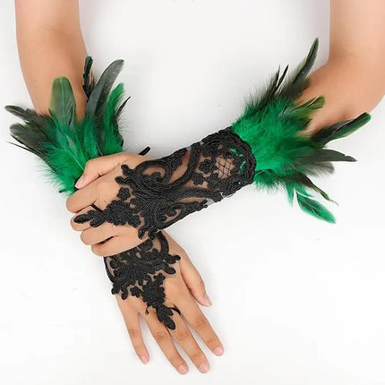 Fancydresswale Women's Gothic Feather Lace Fingerless Gloves – Elegant Costume Arm Warmers for Halloween, Dance & Cosplay fancydresswale.com