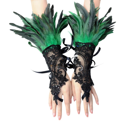 Fancydresswale Women's Gothic Feather Lace Fingerless Gloves – Elegant Costume Arm Warmers for Halloween, Dance & Cosplay fancydresswale.com