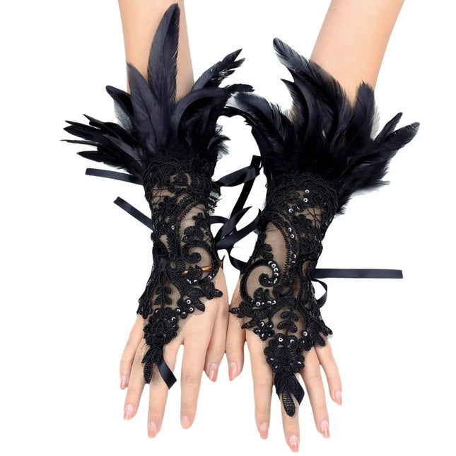 Fancydresswale Women's Gothic Feather Lace Fingerless Gloves – Elegant Costume Arm Warmers for Halloween, Dance & Cosplay fancydresswale.com
