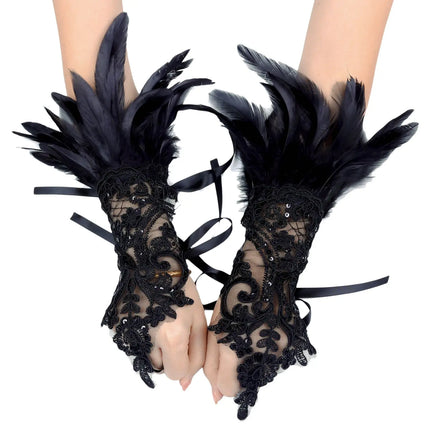 Fancydresswale Women's Gothic Feather Lace Fingerless Gloves – Elegant Costume Arm Warmers for Halloween, Dance & Cosplay fancydresswale.com