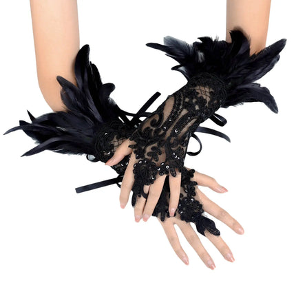 Fancydresswale Women's Gothic Feather Lace Fingerless Gloves – Elegant Costume Arm Warmers for Halloween, Dance & Cosplay fancydresswale.com