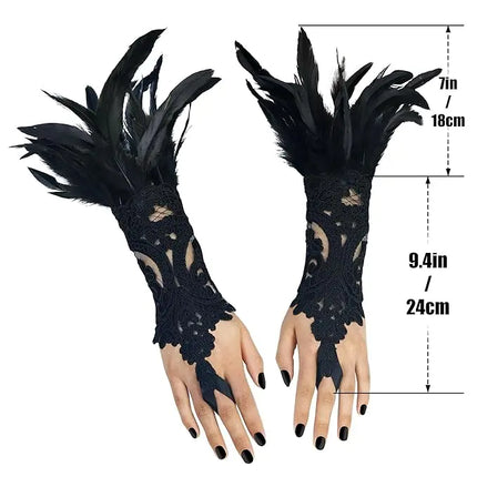 Fancydresswale Women's Gothic Feather Lace Fingerless Gloves – Elegant Costume Arm Warmers for Halloween, Dance & Cosplay fancydresswale.com