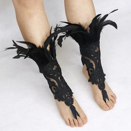 Fancydresswale Women's Gothic Feather Lace Fingerless Gloves – Elegant Costume Arm Warmers for Halloween, Dance & Cosplay fancydresswale.com