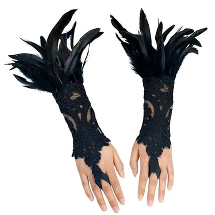 Fancydresswale Women's Gothic Feather Lace Fingerless Gloves – Elegant Costume Arm Warmers for Halloween, Dance & Cosplay fancydresswale.com