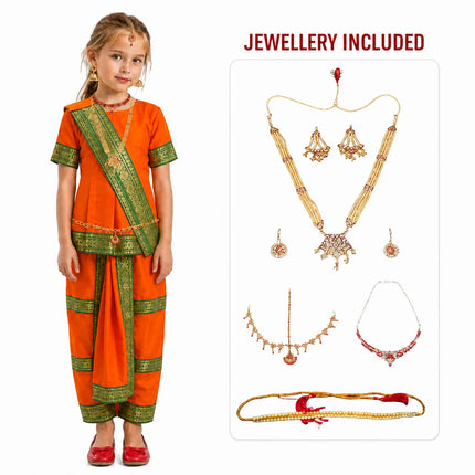 Fancydresswale bharatanatyam costume and jewellery for Girls - Orange Fancydresswale