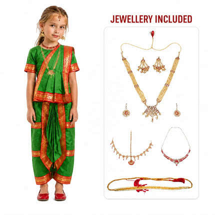 Fancydresswale bharatanatyam costume for Girls with Light weight Bharatnatyam Jewellery - Green Fancydresswale