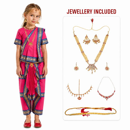 Fancydresswale bharatanatyam dance costume with Light weight Bharatnatyam Jewellery - Pink Fancydresswale