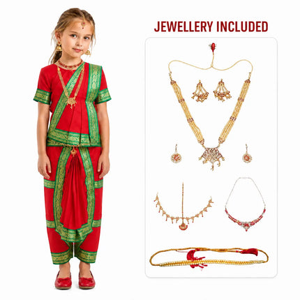 Fancydresswale bharatanatyam outfit for Girls with Light weight Bharatnatyam Jewellery - Red Fancydresswale