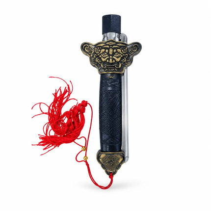 Folded view of dark-and-gold Folding Sword with red tassel