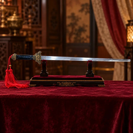 Folding Sword styled on a velvet-covered display stand