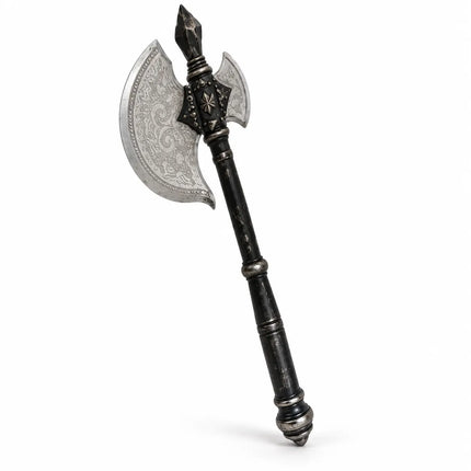 Angled view of Ganesh Pharsa crescent axe head and ring-detailed shaft