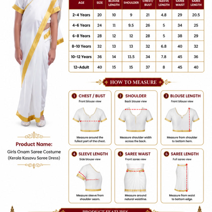Girls Onam Kasavu Fancy Dress — Traditional Off-White & Gold Costume with Blouse|  south india saree | School Fancy Dress Fancydresswale