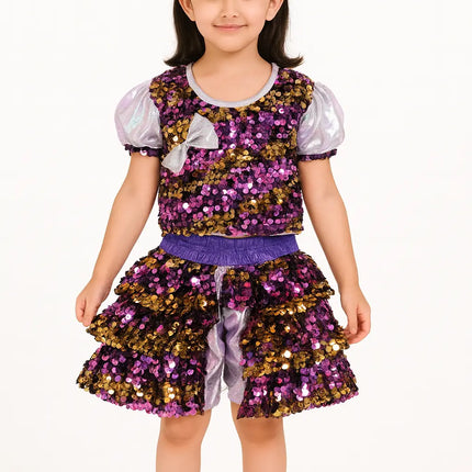Girls Purple & Gold Sequin Dance Costume with Shorts – Fancy Dress for Kids Fancydresswale.com