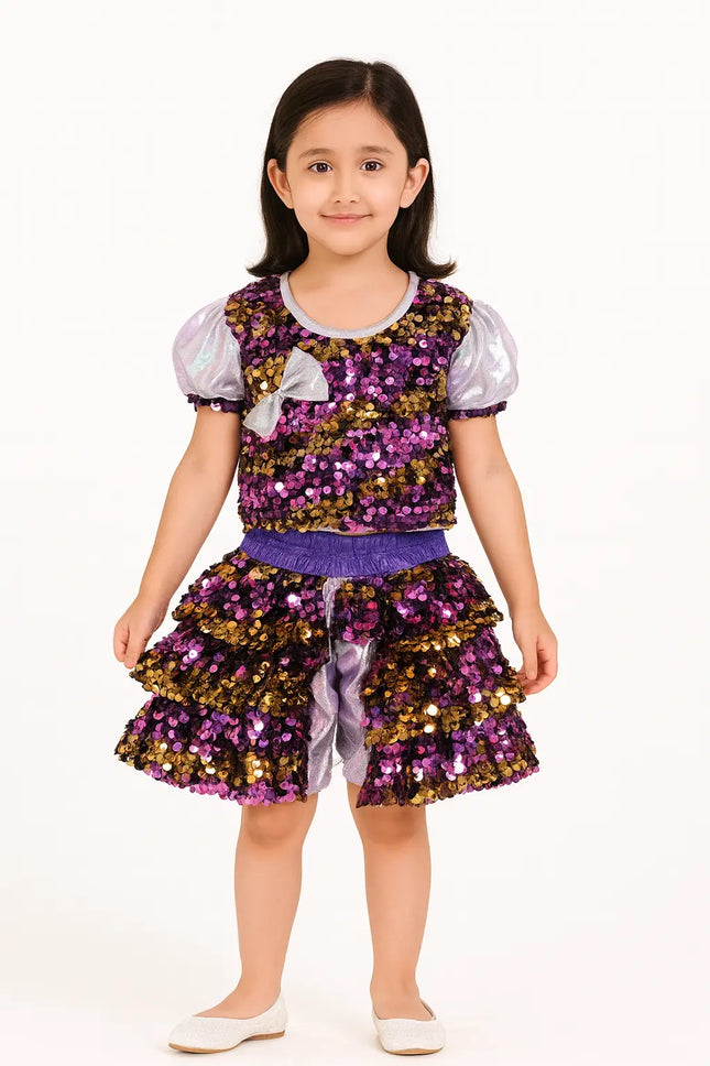 Girls Purple & Gold Sequin Dance Costume with Shorts – Fancy Dress for Kids Fancydresswale.com