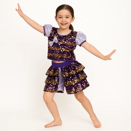 Girls Purple & Gold Sequin Dance Costume with Shorts – Fancy Dress for Kids Fancydresswale.com