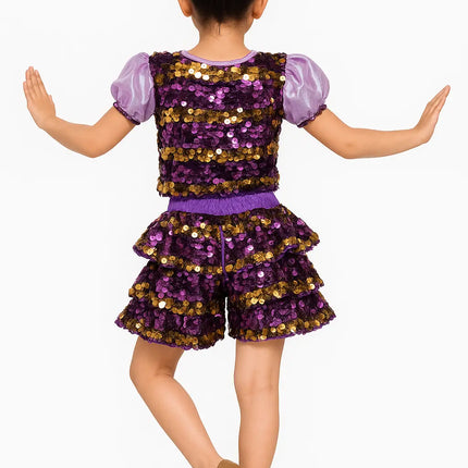 Girls Purple & Gold Sequin Dance Costume with Shorts – Fancy Dress for Kids Fancydresswale.com