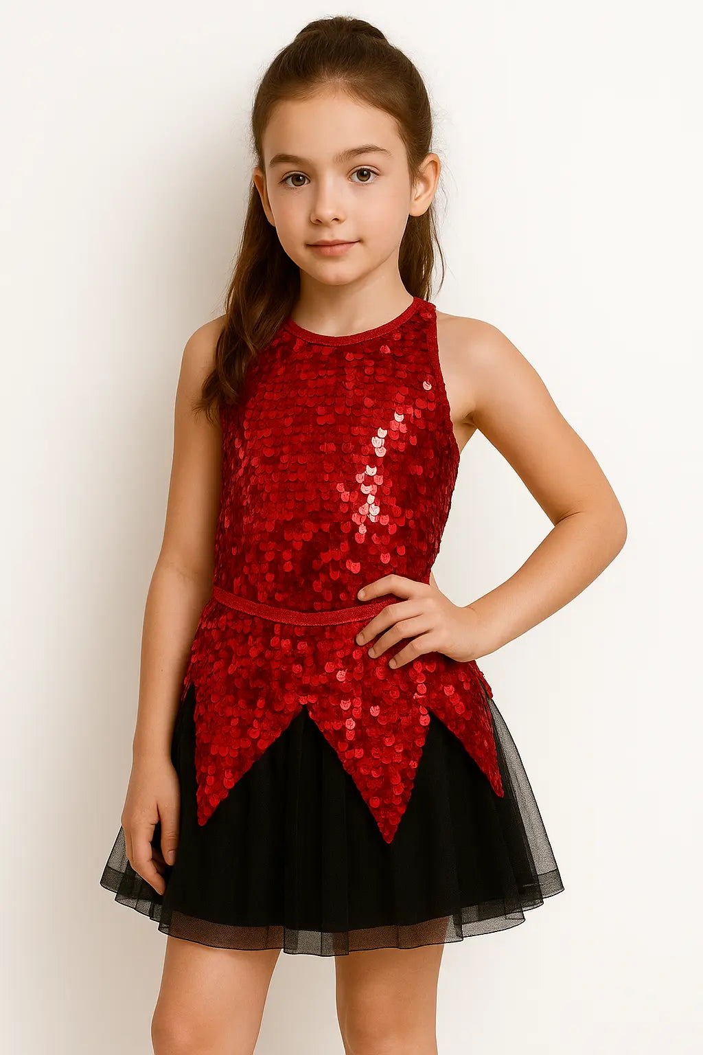 open lace back dress Tinsel Twirl – Red Sequin Holiday Dress with Faux Fur Trim for Girls main image 0