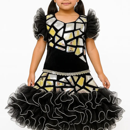 Girls Shiny Mirror Dance Costume – Black & Silver Stage Performance Dress with Ruffled Skirt Fancydresswale.com