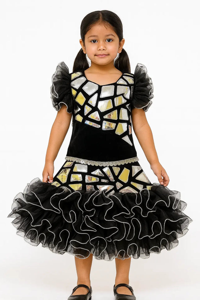 Girls Shiny Mirror Dance Costume – Black & Silver Stage Performance Dress with Ruffled Skirt Fancydresswale.com