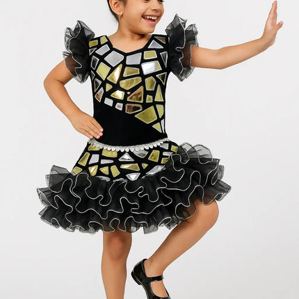 Girls Shiny Mirror Dance Costume – Black & Silver Stage Performance Dress with Ruffled Skirt Fancydresswale.com