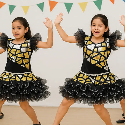 Girls Shiny Mirror Dance Costume – Black & Silver Stage Performance Dress with Ruffled Skirt Fancydresswale.com