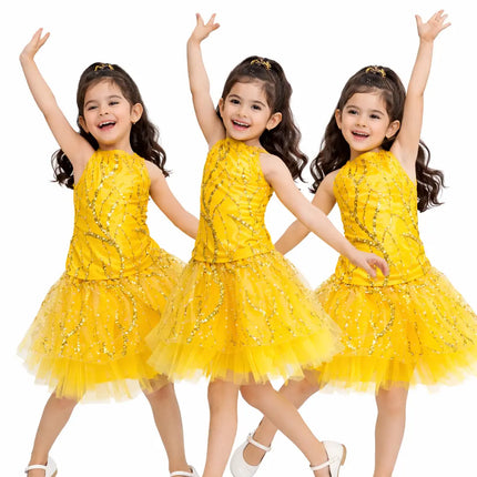 Girls Yellow Sequin western dance dress | Kids Bollywood Fancy Dress for School Function & Stage Performance Fancydresswale.com
