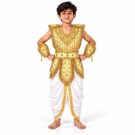 Boy wearing golden kavach with white dhoti