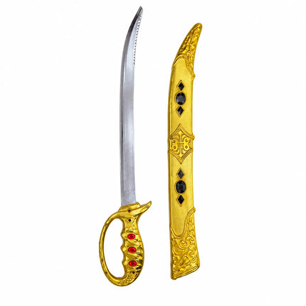 Golden Talwaar with curved silver-tone blade and decorative gold-tone sheath