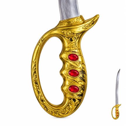 Close-up of gold-tone loop handle with three red accents