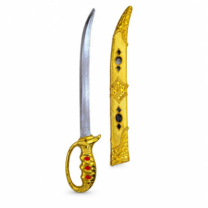 Golden Talwaar held by its handle beside matching sheath