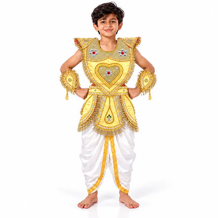 Boy wearing golden yellow kavach with white dhoti