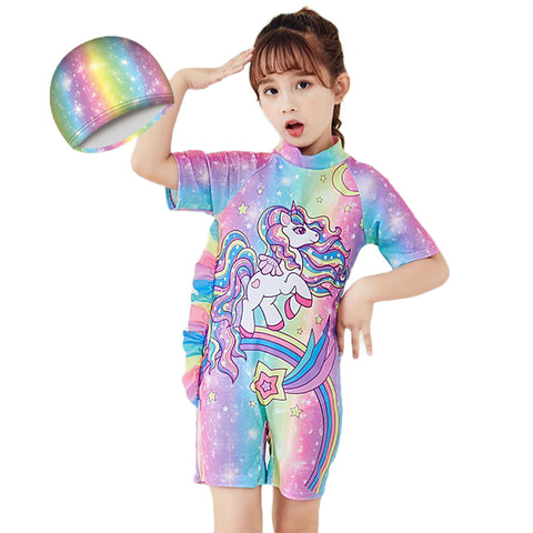 Fancydresswale Girls Swimsuits Half Sleeve Swimwear with Matching Cap -Unicorn Rainbow