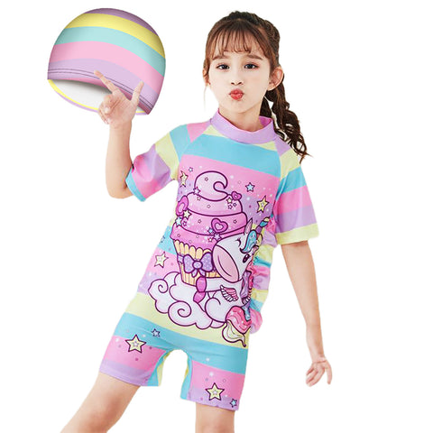 Fancydresswale Little Girls Swimsuit and Matching Cap -Unicorn stripe