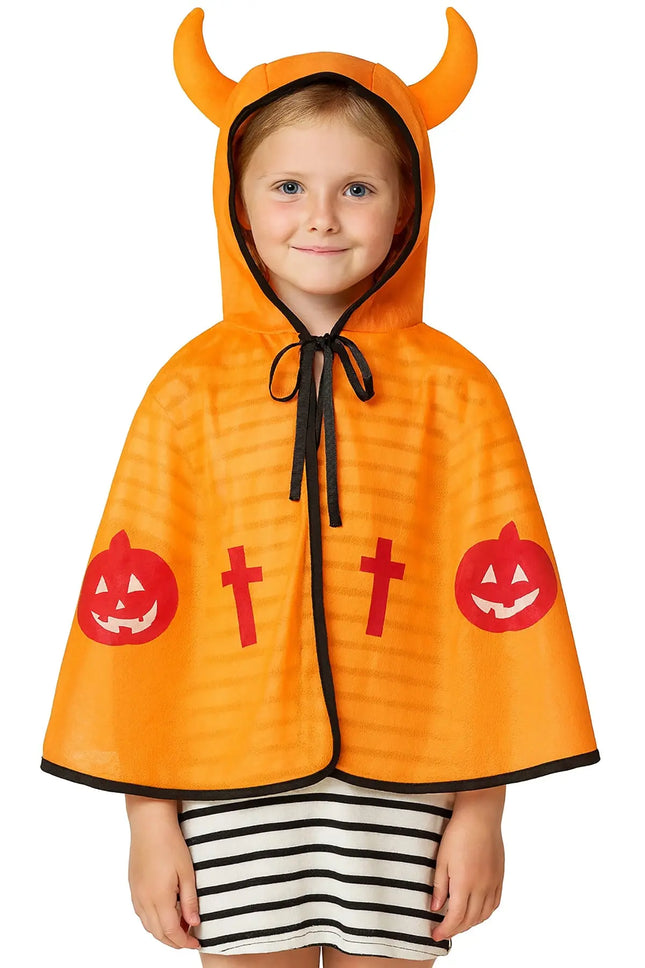 Halloween Devil Cape for Kids – Orange Pumpkin Cloak with Horned Hood, Soft Fabric, Unisex Costume for Boys & Girls fancydresswale.com
