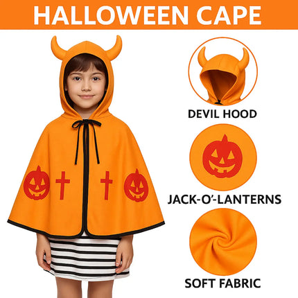 Halloween Devil Cape for Kids – Orange Pumpkin Cloak with Horned Hood, Soft Fabric, Unisex Costume for Boys & Girls fancydresswale.com