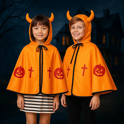 Halloween Devil Cape for Kids – Orange Pumpkin Cloak with Horned Hood, Soft Fabric, Unisex Costume for Boys & Girls fancydresswale.com