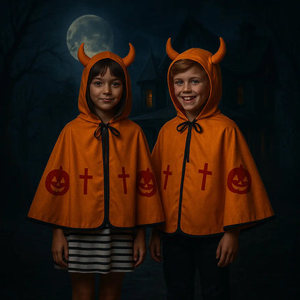 Halloween Devil Cape for Kids – Orange Pumpkin Cloak with Horned Hood, Soft Fabric, Unisex Costume for Boys & Girls fancydresswale.com