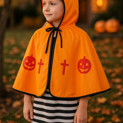 Halloween Devil Cape for Kids – Orange Pumpkin Cloak with Horned Hood, Soft Fabric, Unisex Costume for Boys & Girls fancydresswale.com