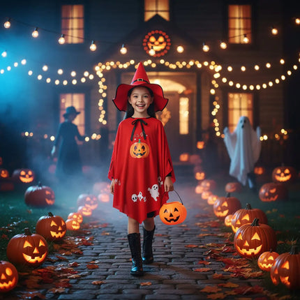 Halloween Witch Costume for Girls – Cloak & Hat Set | Red & Black fancydresswale.com