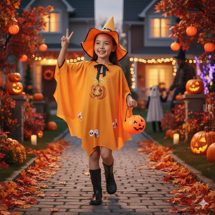 Halloween Witch Costume for Girls – Cloak & Hat Set | Red & Black fancydresswale.com