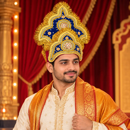 Handcrafted Golden Mukut Crown for Adults (Black and Blue) fancydresswale.com