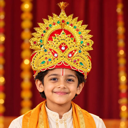 Handmade Red and Gold Mukut Crown for Kids – 3 Sizes Available fancydresswale.com