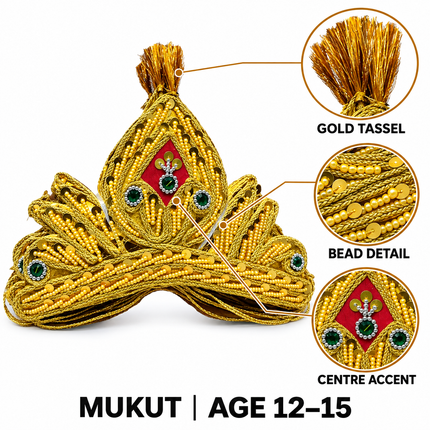Royal Golden Mukut Crown with Green Jewel for Kids (12-15 Years) – Set of 12