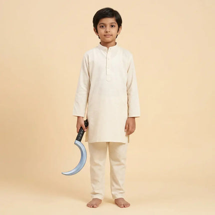 Child in a simple kurta pajama holding the Hasiya costume prop at their side