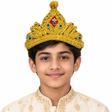 Royal Golden Mukut Crown with Green Jewel for Kids (12-15 Years) – Set of 12