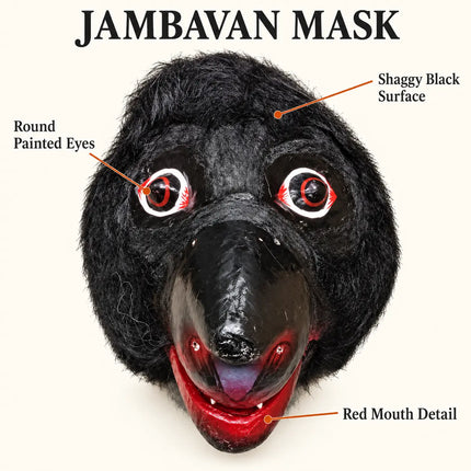 Jambavan Mask feature guide showing shaggy surface, painted eyes and red mouth