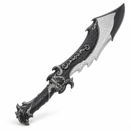 Angled view of Kali Khadak curved blade and decorative handle