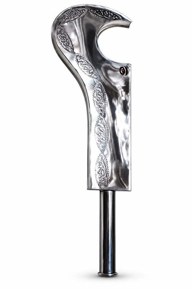 Silver-coloured Kali Khadak costume prop on white background